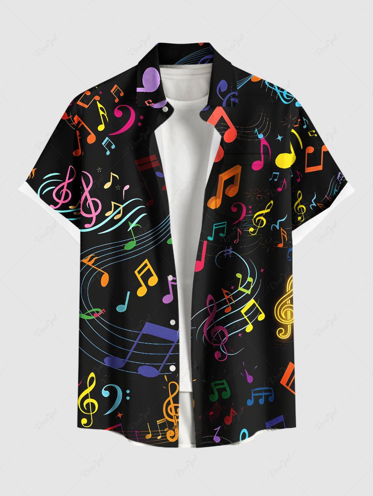 Latest Plus Size Colorful Musical Symbols Print Hawaii Button Pocket Shirt For Men  