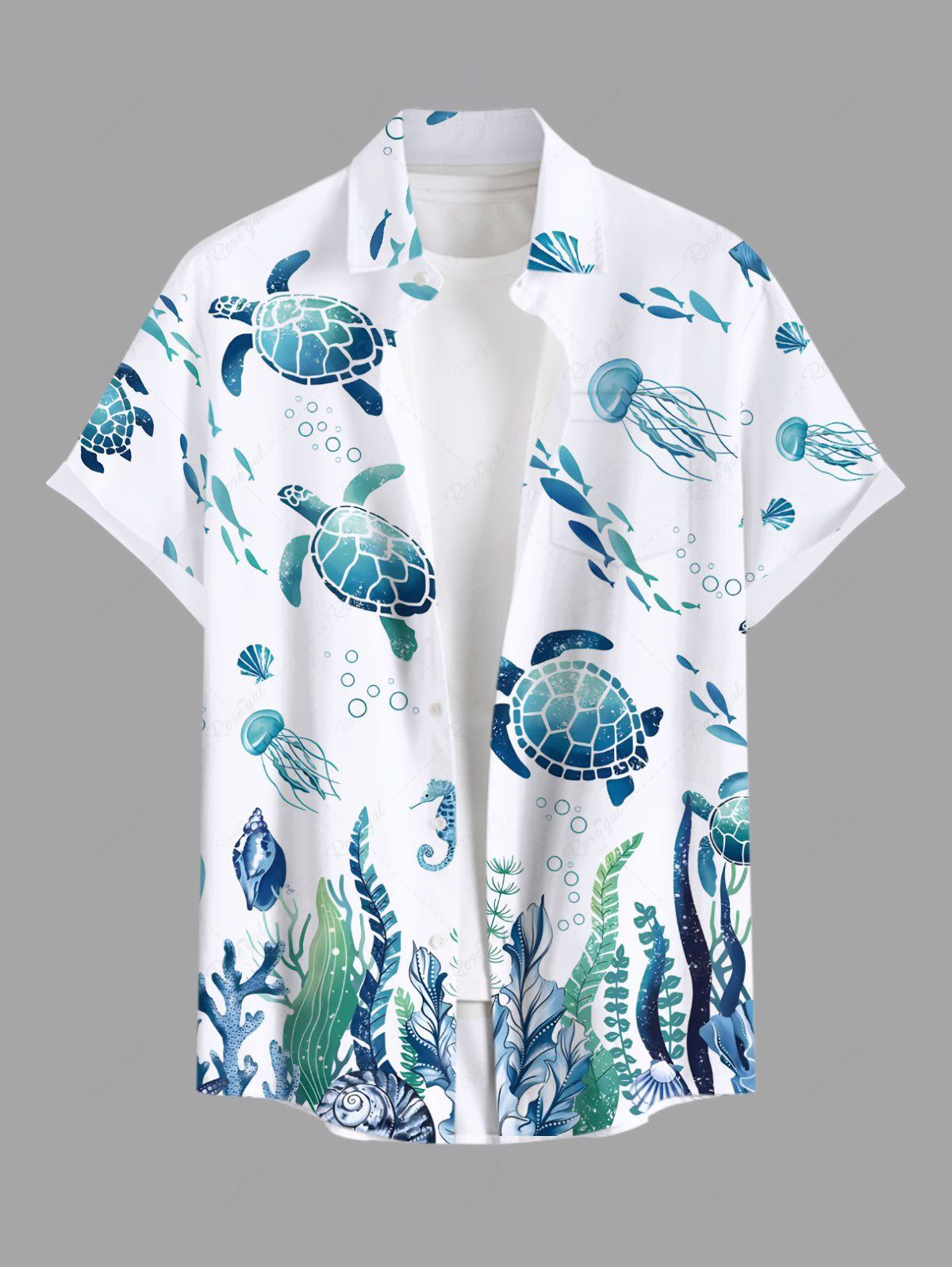 Chemise Décontractée Méduse de Poisson Tortue de Mer Imprimée avec Poche de Grande Taille pour Homme Blanc XL
