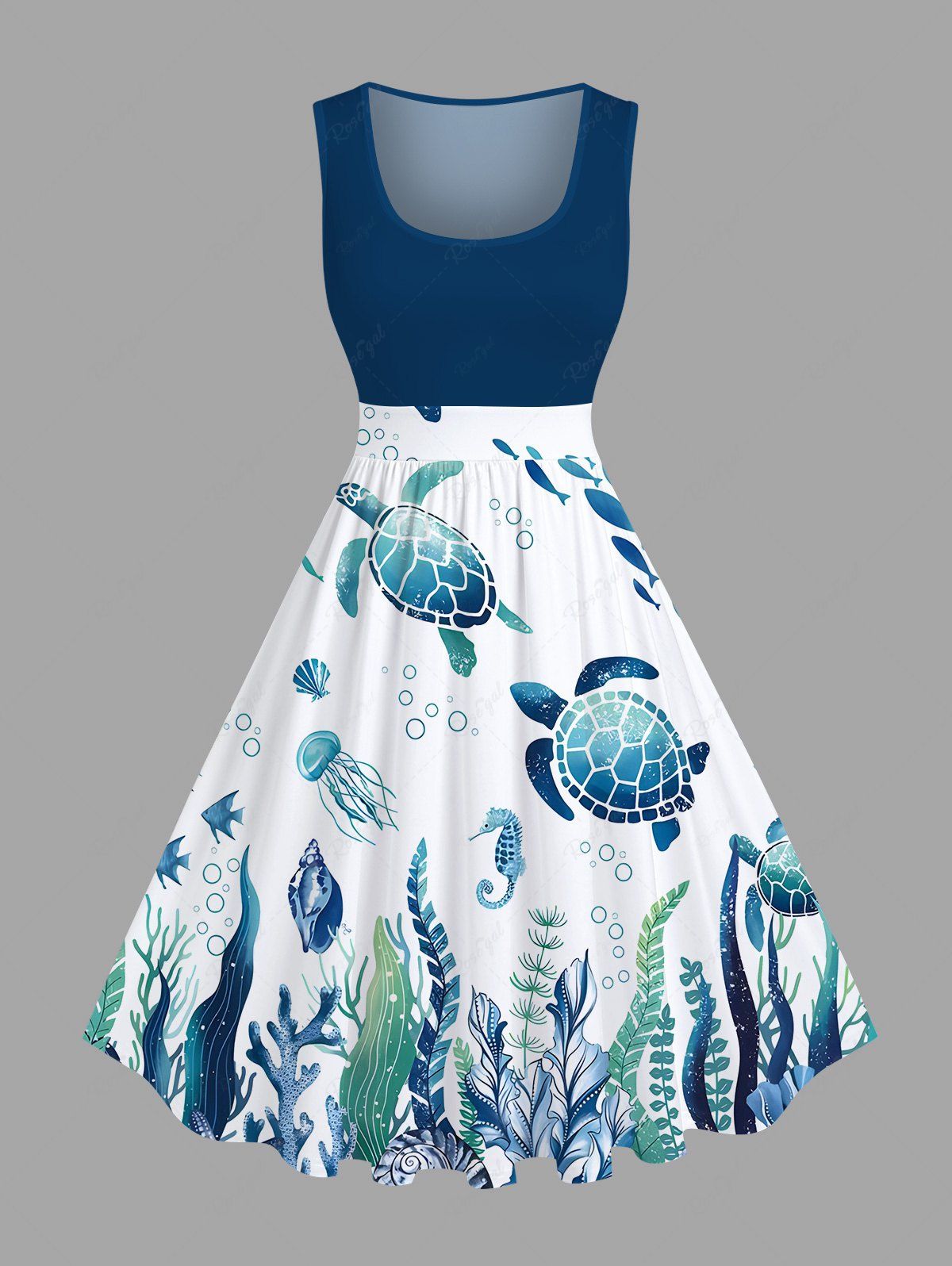 Buy Plus Size Turtle Jellyfish Seaweed Fish Print Hawaii Sea Creatures Vintage Swing A Line Dress  