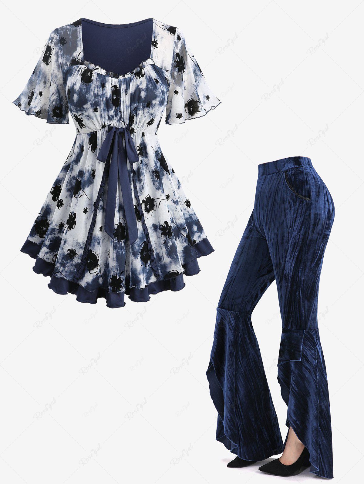 Fashion Tie Dye Mesh Layered Flower Flocking Top and Ruffles High Low Asymmetric Velvet Flare Pants Plus Size Outfit  