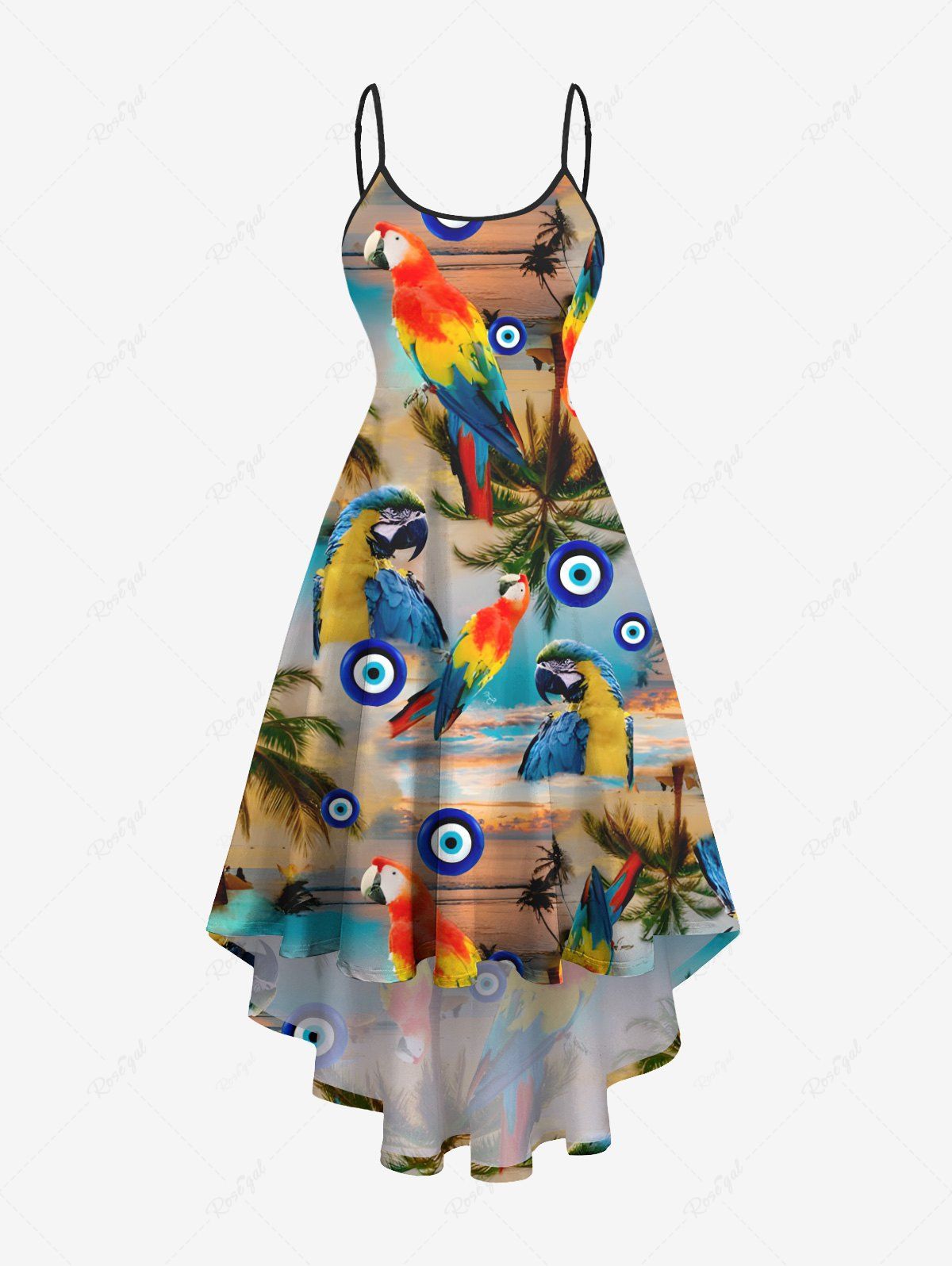 Store Plus Size Coconut Tree Parrot Ombre Dusk Print Hawaii High Low Asymmetric Cami Dress  