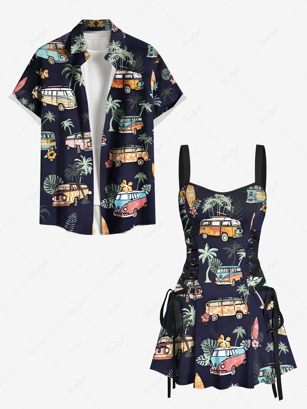 Sac de Plage Hawaiien à Imprimé Bus avec Feuilles Tropicales et Cocotier pour Couples Noir 