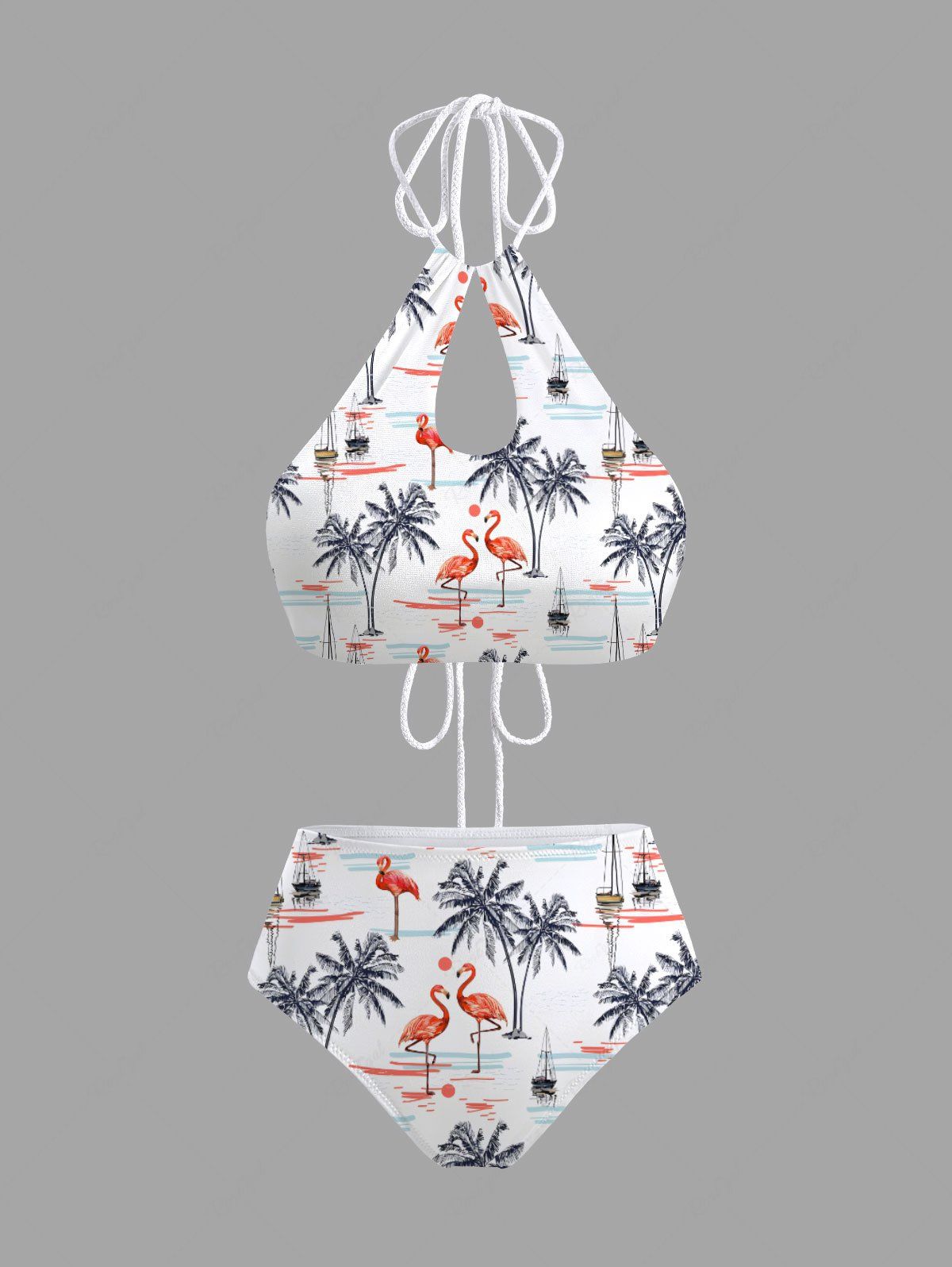 Sale Coconut Tree Flamingo Sailboat Sun Print Hollow Out Panel Drastring Tie Hawaii Tankini Swimsuit  