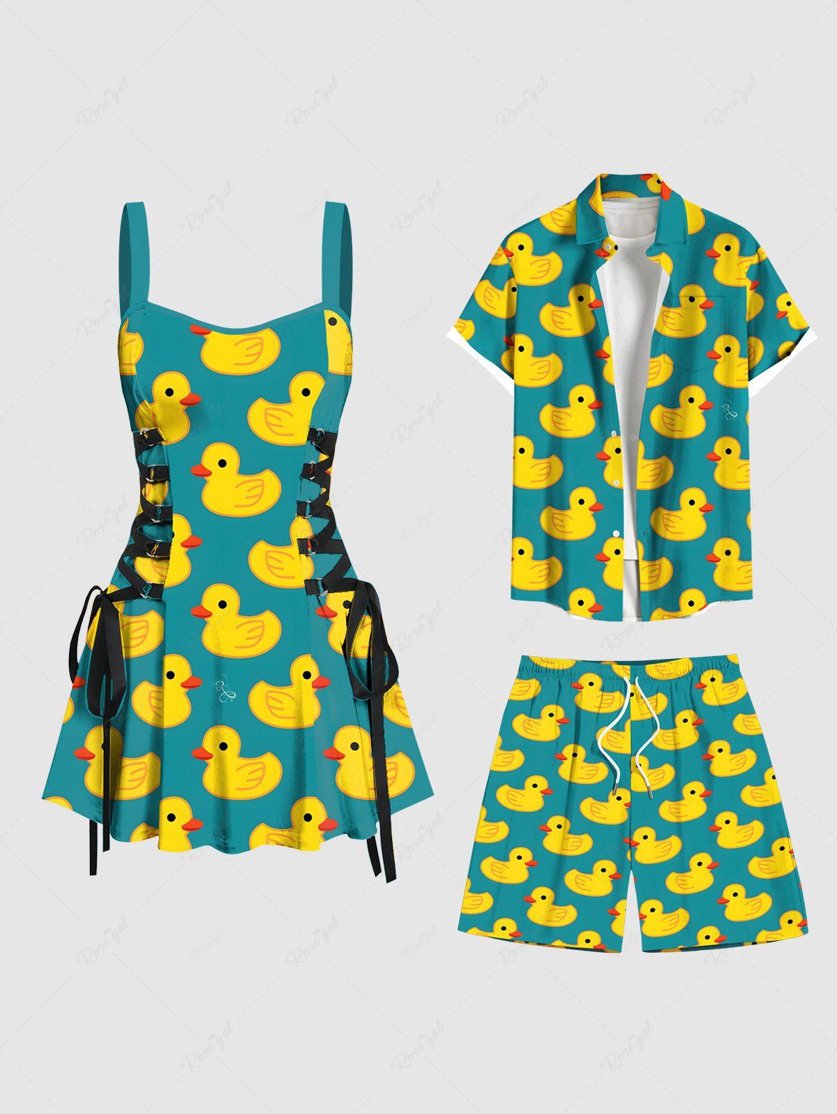 Tenue de Plage Hawaiien Imprimé Canard Contrastant pour Couple Vert 