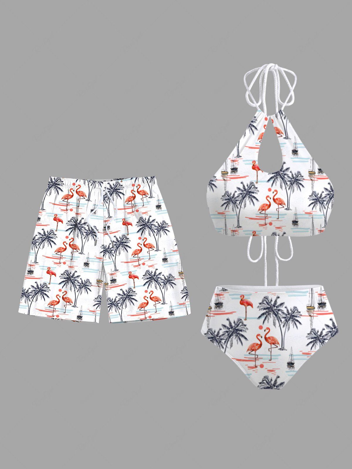 Cheap Coconut Tree Flamingo Print Women Swimsuit and Men Beach Shorts Matching Hawaii Beach Outfit For Couples  