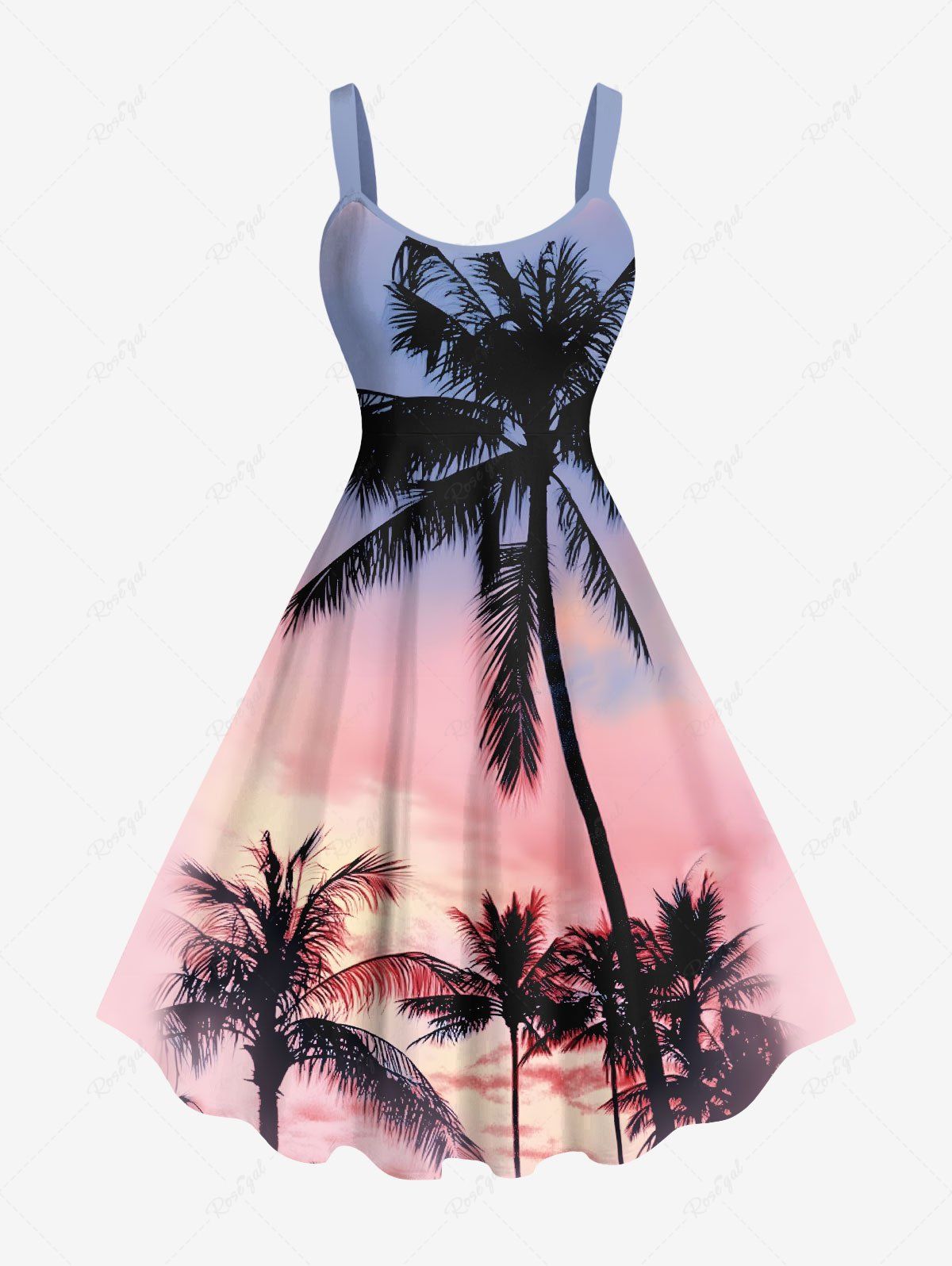 Chic Plus Size Coconut Tree Ombre Colorful Sky Print Hawaii Tank Dress  