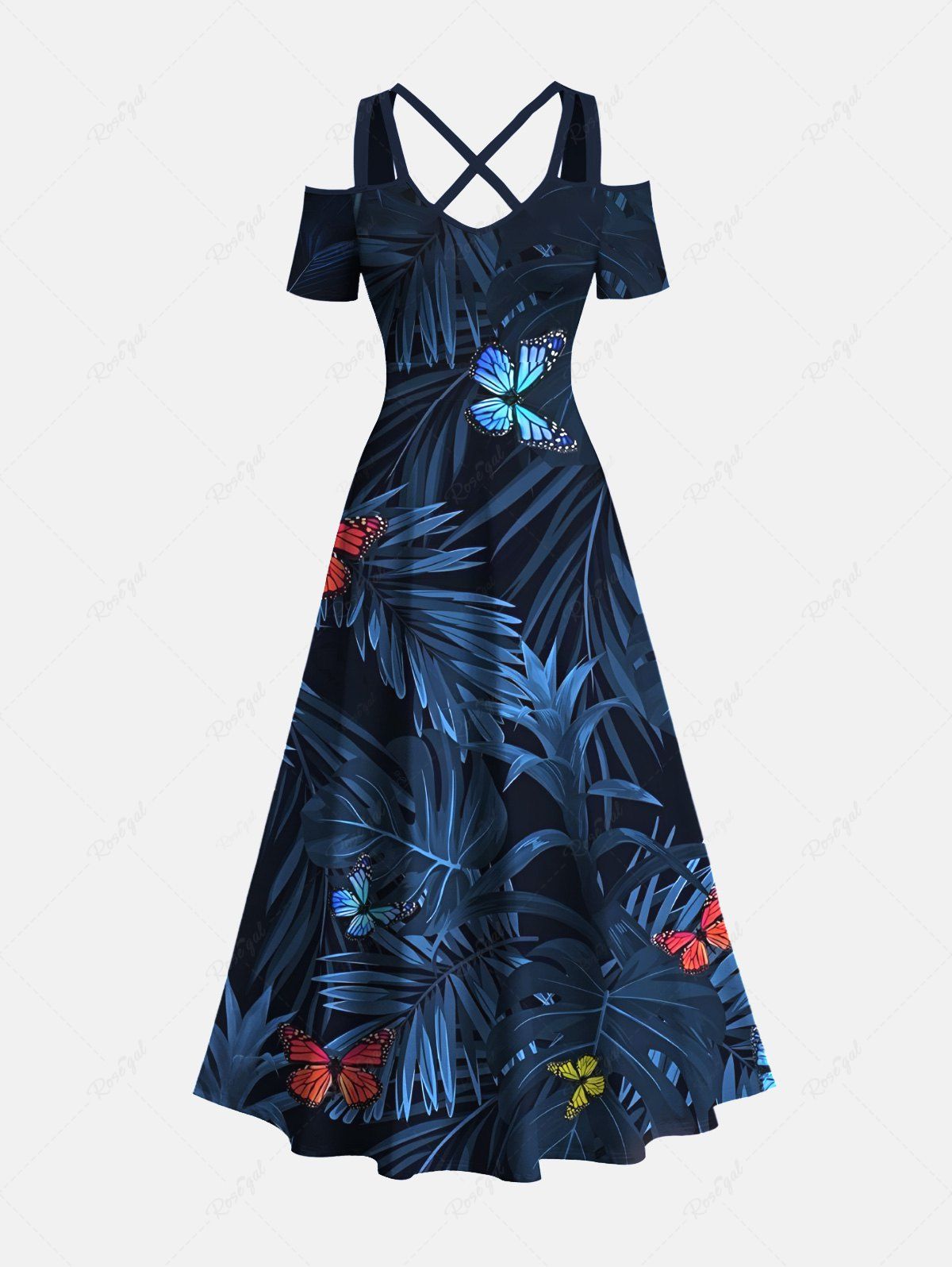 New Plus Size Tropical Leaf Colorful Butterfly Print Cold Shoulder Crisscross Hawaii Maxi Dress  