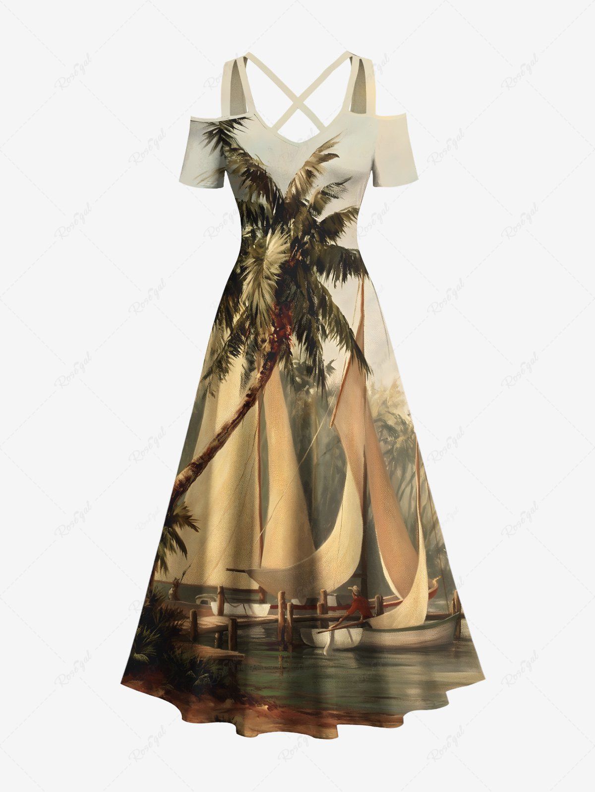 Outfit Plus Size Coconut Tree Sailboat Bridge Print Cold Shoulder Crisscross Hawaii Cruise Maxi Dress  