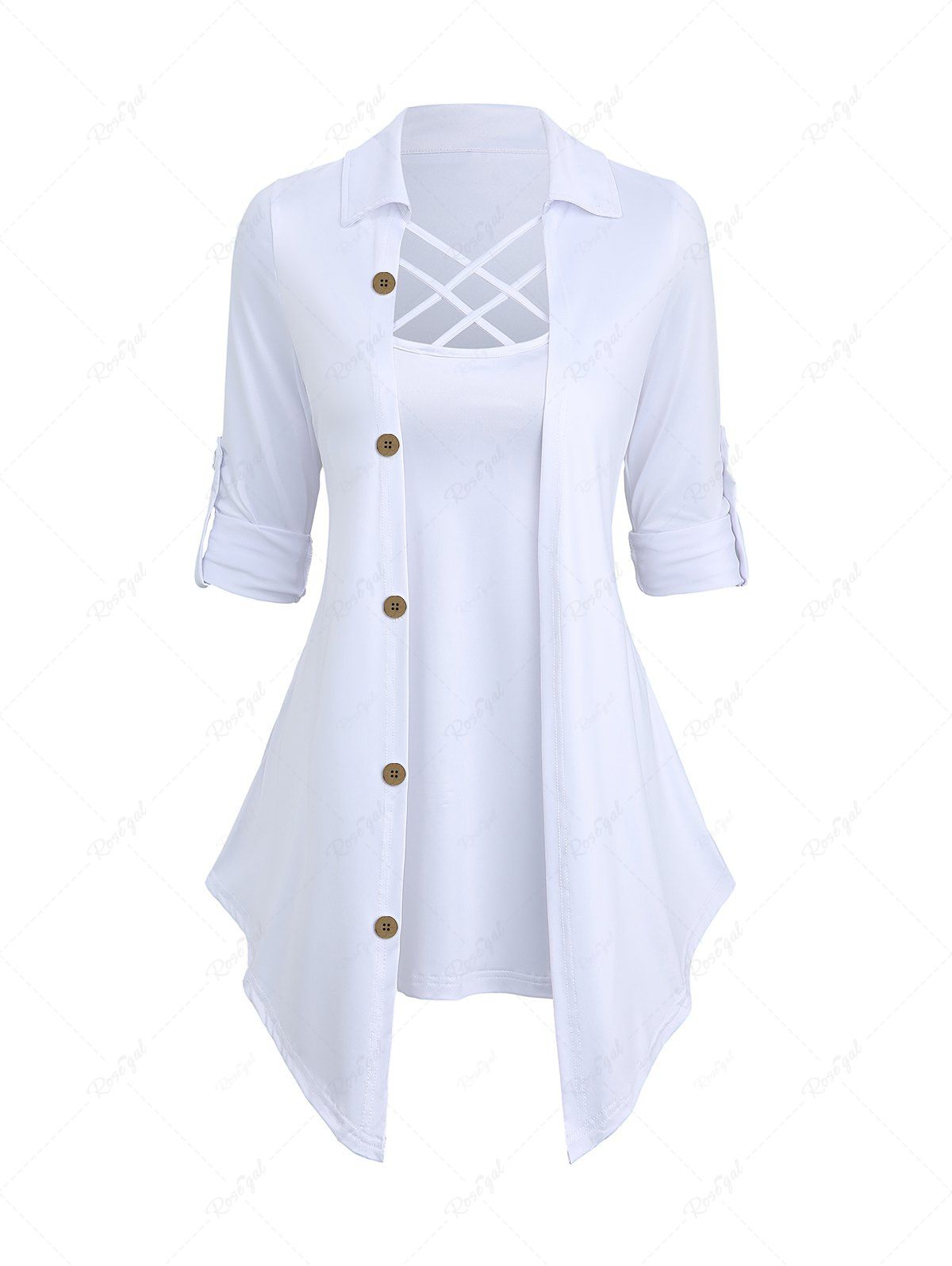 Chemise Jointif en Couleur Unie à Col Roulé avec Boutons 2 en 1 Blanc 3XL