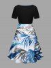 Plus Size Tropical Leaf Watercolor Print Cinched Hawaii Dress -  