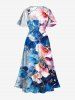 Plus Size Flowers Leaf Watercolor Print Split Hawaii Midi Dress -  