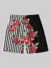 Plus Size Rose Flower Leaf Striped Print Hawaii Drawstring Beach Shorts For Men -  