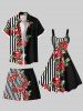Plus Size Rose Flower Leaf Striped Print Hawaii Drawstring Beach Shorts For Men -  