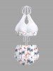 Coconut Tree Flamingo Sailboat Sun Print Hollow Out Panel Drastring Tie Hawaii Tankini Swimsuit -  