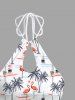 Coconut Tree Flamingo Sailboat Sun Print Hollow Out Panel Drastring Tie Hawaii Tankini Swimsuit -  