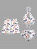 Coconut Tree Flamingo Sailboat Sun Print Hollow Out Panel Drastring Tie Hawaii Tankini Swimsuit -  