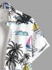 Plus Size Coconut Tree Sailboat Sun Bird Print Buttons Pocket Hawaii Shirt For Men -  