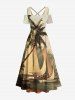 Plus Size Coconut Tree Sailboat Bridge Print Cold Shoulder Crisscross Hawaii Cruise Maxi Dress -  