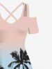 Maxi Robe Hawaïen Croisée Ombrée Cocotier Imprimé à Epaule Dénudée Grande Taille - Rose clair 6X