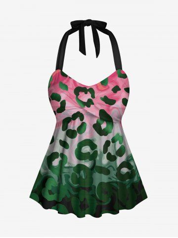 Leopard Floral Print Hawaii Ombre Twist Halter Backless Tankini Swimsuit Top - GREEN - S