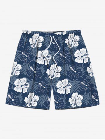 Short de Plage Hawaiien Imprimé Feuilles et Fleurs Tropicales Grande Taille à Cordon - DEEP BLUE - 2XL