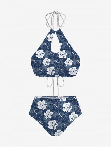 Floral Tropical Leaves Print Hawaii Hollow Out Halter Backless Tankini Swimsuit - DEEP BLUE - XS