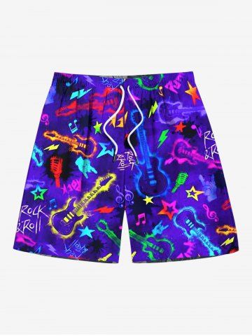 Plus Size Colorful Guitar Star Print Hawaii Rock and Roll Music Drawstring Beach Shorts For Men - PURPLE - XL