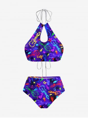 Colorful Guitar Star Printed Hawaii Rock and Roll Music Hollow Out Halter Backless Tankini Swimsuit - PURPLE - XS