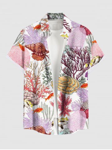 Plus Size Colorful Coral Conch Shell Fish Print Hawaii Button Pocket Shirt For Men