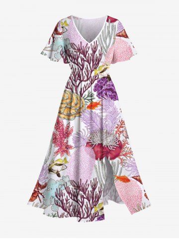 Plus Size Colorful Coral Conch Shell Fish Print Hawaii Split Pocket A Line Midi Dress - LIGHT PINK - XXS