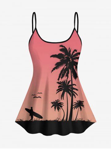 Plus Size Coconut Tree Surfer Print Hawaii Ombre Tankini Top - RED - S