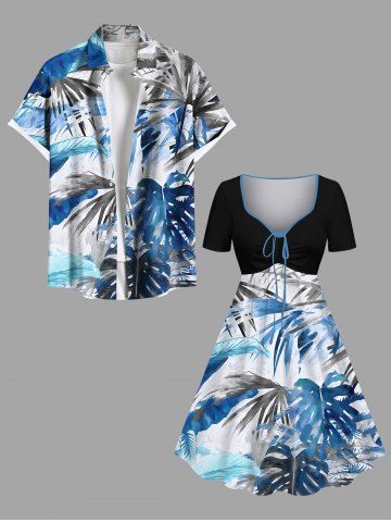 Tropical Leaf Watercolor Print Plus Size Matching Hawaii Beach Outfit For Couples - BLUE