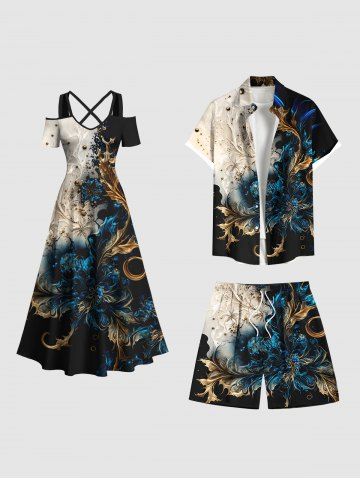 Metallic Floral Pearl 3D Print Plus Size Matching Hawaii Beach Outfit For Couples - BLACK