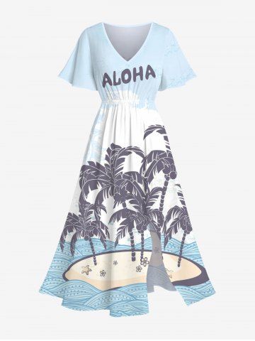 Plus Size Coconut Tree Flower Star Sea Waves Print Split Hawaii Midi Dress