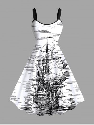 Plus Size Cruise Sailboat Sea Waves Print Hawaii Tank Dress - WHITE - XS