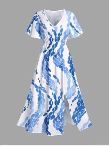 Plus Size Curve Ombre Sea Wave Print Hawaii Split Pocket A Line Midi Dress - LIGHT BLUE - XXS