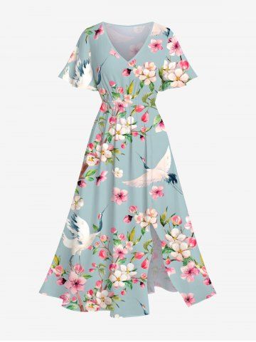 Plus Size Peach Blossom Floral Leaf Branch Crane Print Hawaii Split Pocket A Line Midi Dress