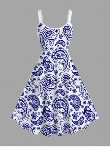 Plus Size Paisley Floral Two Tone Print Hawaii A Line Tank Dress - BLUE - S