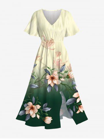 Plus Size Floral Leaf Branch Ombre Print Hawaii Split Pocket A Line Midi Dress - BEIGE - 6X