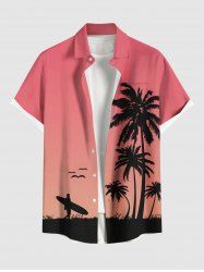 Plus Size Coconut Tree Surfer Print Hawaii Ombre Button Pocket Shirt For Men -  