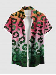 Plus Size Leopard Floral Print Hawaii Ombre Button Pocket Shirt For Men -  
