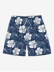 Short de Plage Hawaiien Imprimé Feuilles et Fleurs Tropicales Grande Taille à Cordon - Bleu profond 7XL