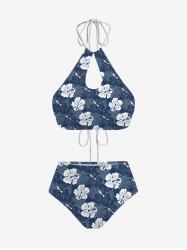 Floral Tropical Leaves Print Hawaii Hollow Out Halter Backless Tankini Swimsuit -  