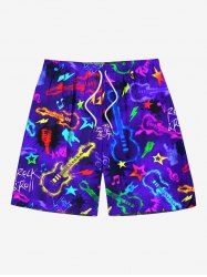 Plus Size Colorful Guitar Star Print Hawaii Rock and Roll Music Drawstring Beach Shorts For Men -  