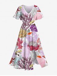 Plus Size Colorful Coral Conch Shell Fish Print Hawaii Split Pocket A Line Midi Dress -  
