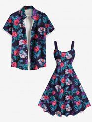 Tenue de plage hawaïenne assortie grande taille à imprimé feuilles tropicales et fleurs pour couples - Noir 