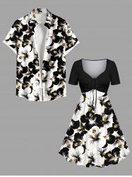 Tenue de Plage à Imprimé Hibiscus et Fleurs Tropicales Grande-Taille pour Couples - Noir 