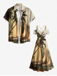 Coconut Tree Sailboat Bridge Print Plus Size Matching Hawaii Beach Outfit For Couples -  