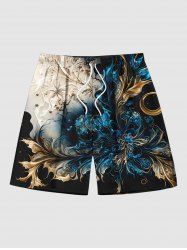 Plus Size Metallic Flower Leaf Print Hawaii Beach Shorts For Men -  