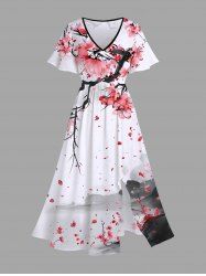Plus Size Plum Bossom Flower Watercolor Print Split Hawaii Midi Dress -  